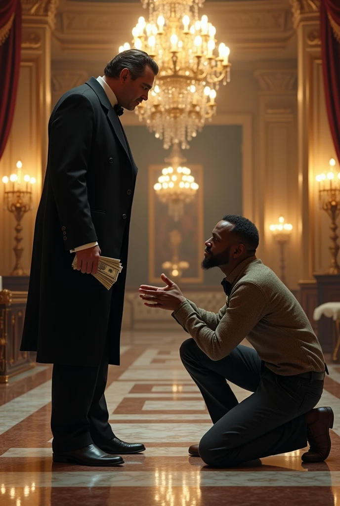 A scene in a luxurious, grand mansion with marble floors, chandeliers, and expensive furniture. In the center, a wealthy man in a tailored suit stands with a cold, arrogant expression. He is looking down dismissively at a poor, disheveled man wearing worn-out clothes, who is kneeling on the floor, begging for help. The rich man holds a stack of money in one hand, while the poor man's hand is outstretched in desperation. The atmosphere is tense, highlighting the vast disparity in wealth and power between the two.