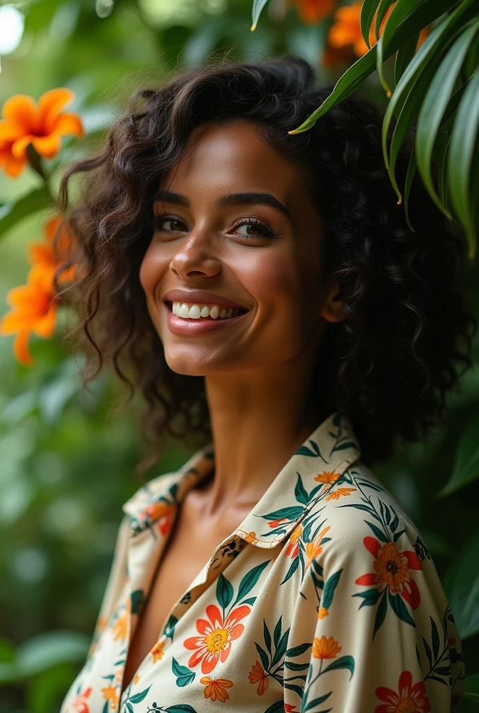 A Brazilian woman in a lush tropical garden, wearing an open shirt with a floral print, with a close-up capturing the harmonious beauty between her breasts and the natural flowers, showing off your natural charm and outgoing personality.
