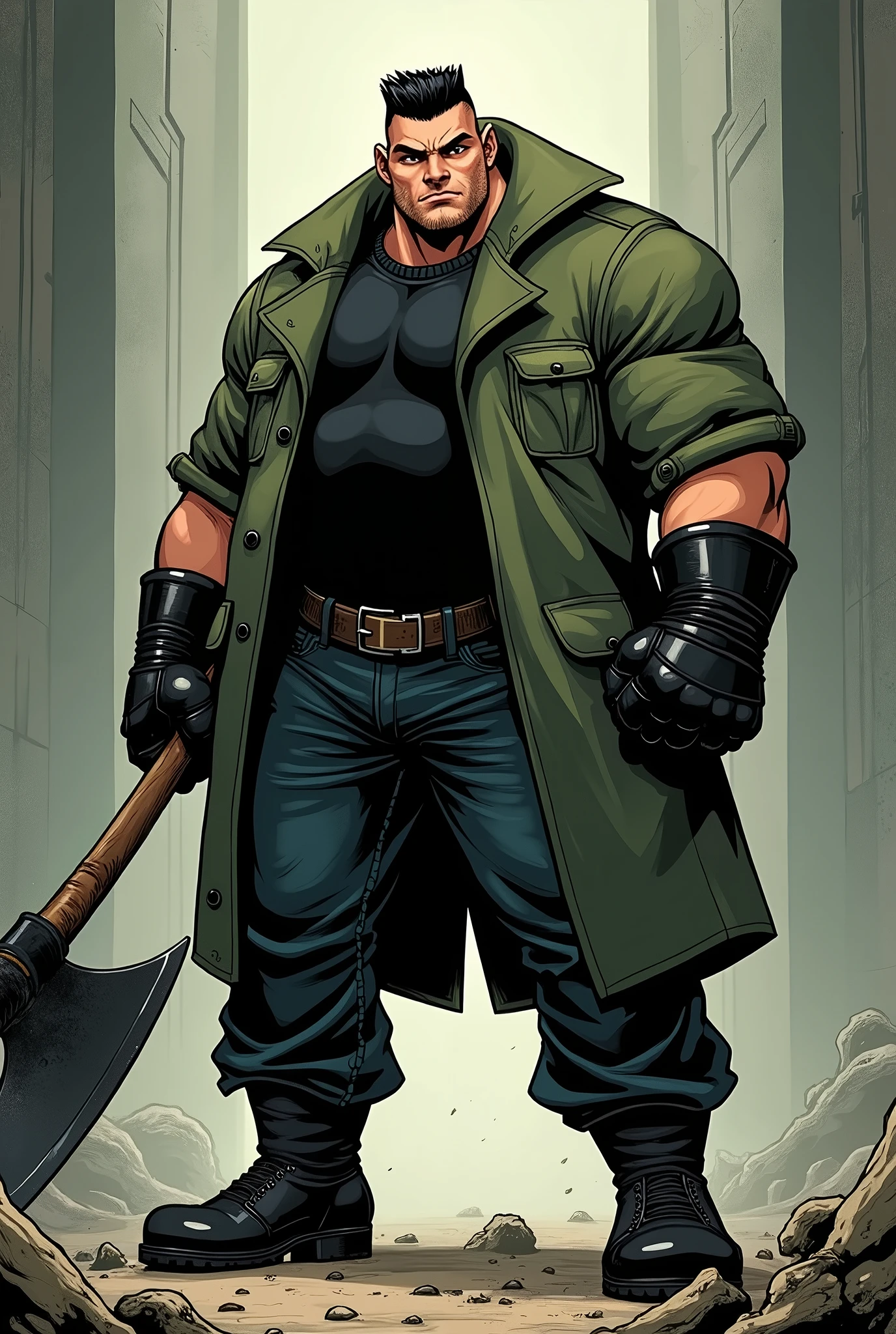 In the Human Comics style, create a character, Godri, a fat, wide, very strong and muscular boy, had a determined look and an imposing presence. with straight, black hair combed upwards. He wears a short moss green coat and a black shirt underneath, dark jeans with round, steel-toed boots, and a black leather glove. He holds in one hand a large steel axe with black ruffs and gold details.