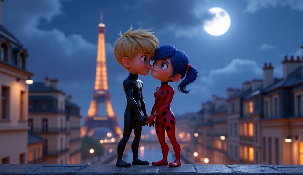 Ladybug (Marinette),teenage girl, blue_hair_color,pigtails_hairstyle,short_hair,wearing her red and black-spotted superhero suit,Depict Cat Noir (Adrien),teenage boy,blond_hairstyle,The young boy is a taller than the young girl,Ladybug and Cat ???? are standing on the edge of a Parisian rooftop,the Eiffel Tower and the Seine River are visible in the distance,illuminated by moonlight,the rooftop setting should have a soft,intimate atmosphere,While young boy and young girl stand and watch in surprised,The two are looking forward and hugging each other,3d animation, Disney inspiration, High quality image,8k