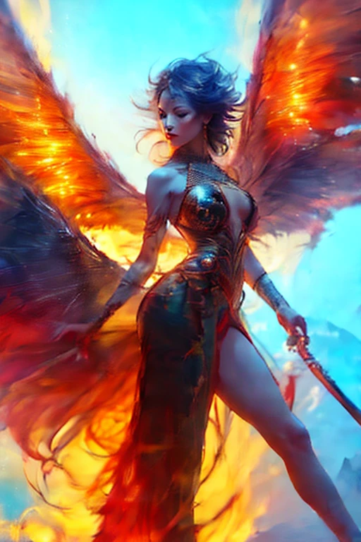 (masterpiece, 8k, UHD, photorealistic: 1.3), Female Angel of Death, woman with dark bat-like wings,, female demon beautiful woman about 3,(Shiny ebony wings: 1.4), imposing, holding a (elegant scythe: 1.2) in his grip, cold steel, reflected flames, standing on, (mound of skulls: 1.3), empty eye sockets, whispers of past souls, burning background, raging hell, dancing flames, silhouetted the figure, billowing smoke, crimson tone, intimidating presence, sinister atmosphere, dynamic angle, side view, deep shadows, intricate details on wings and neck tattoos,chest , arms,hips, English and legs , She only wore a small cloth that partially covered her pubis, revealing her abundant and long pubic hair., sus chests perfectos turgentes duros talla 160 son muy bigs con forma de barco turgentes hacia arriba, take a photo from bottom to top buena iluminación natural, Fire comes out from within through the tattoos, Full body female demon totally naked without any clothes showing the nature of her entire body her skin reflects the red and yellow of the fire inside her, sus chests y pezones parecen arder, her vy open her slit excitingly open her beautiful pubic hair - long curly reddish like her hair, Her fleshy vaginal lips peek out and her legs and her fiery red clitoris, visible perfect focused, big , beautiful perfect like your perfect goddess face, Your green eyes dazzle you with a depth that reflects the universe within them. Perfect naked, alas bigs extendidas,blue colors various shades, shiny like metallic,Their feathers like sharp swords and daggers ready to create more death and destruction. Environment full of skulls and skeletons piled up the desolate landscape burned smoking, the hellfire background, she walks. Facing the camera walking towards me, take a photo from bottom to top. 