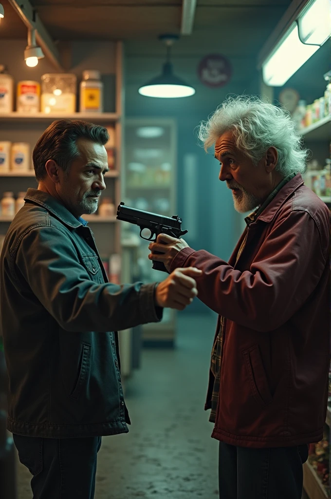 A weird man pointing a gun to a local store owner