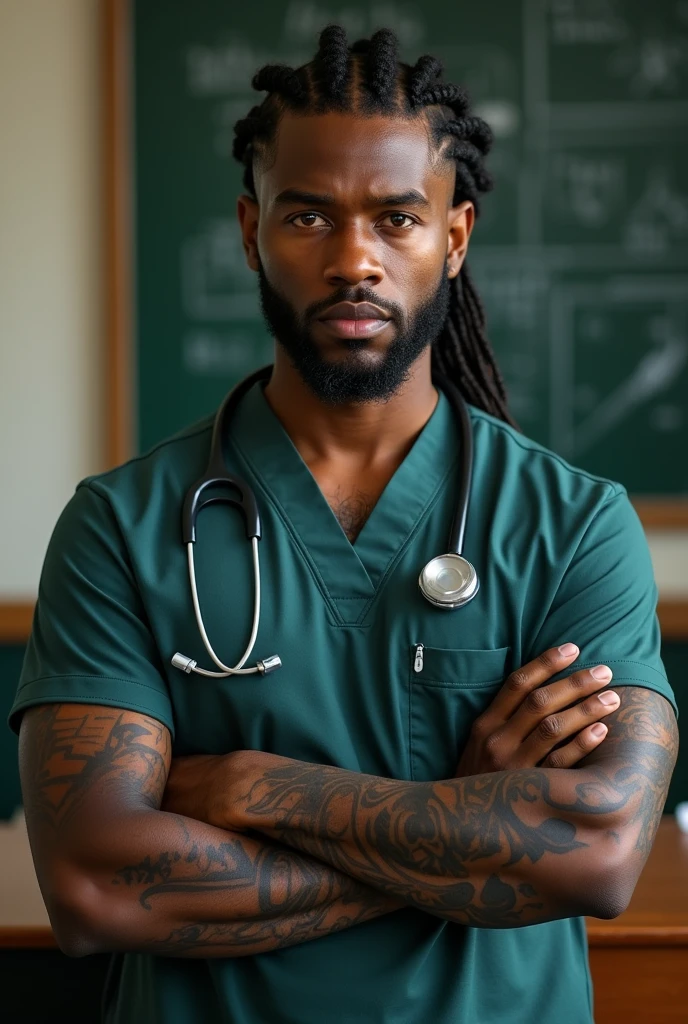 Image of a veterinarian, man, dark-skinned, using braids, with a degraded haircut, using short beard, with tattoos on their arms, in a classroom with a blackboard in the background 