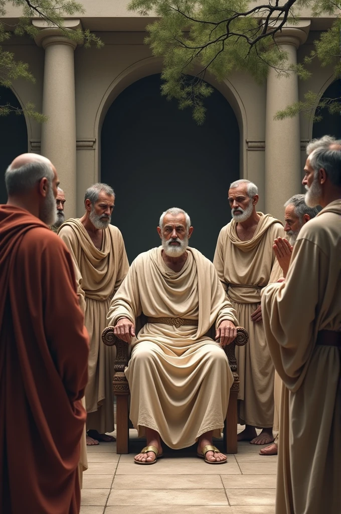 Create an image of Zeno of Citium surrounded by his disciples, that the image looks stoic
