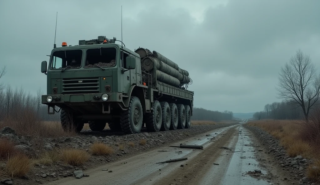 PATRIOT MISSILE SYSTEM DESTROYED ON DIRTY ROAD, GLOOMY WEATHER