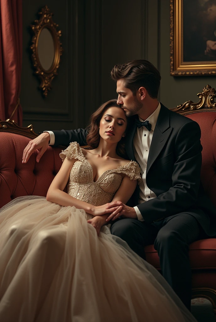 A brown-haired woman in a ball gown with a sick expression on her couch, with a man holding your hand wearing a suit in a rich and chic environment