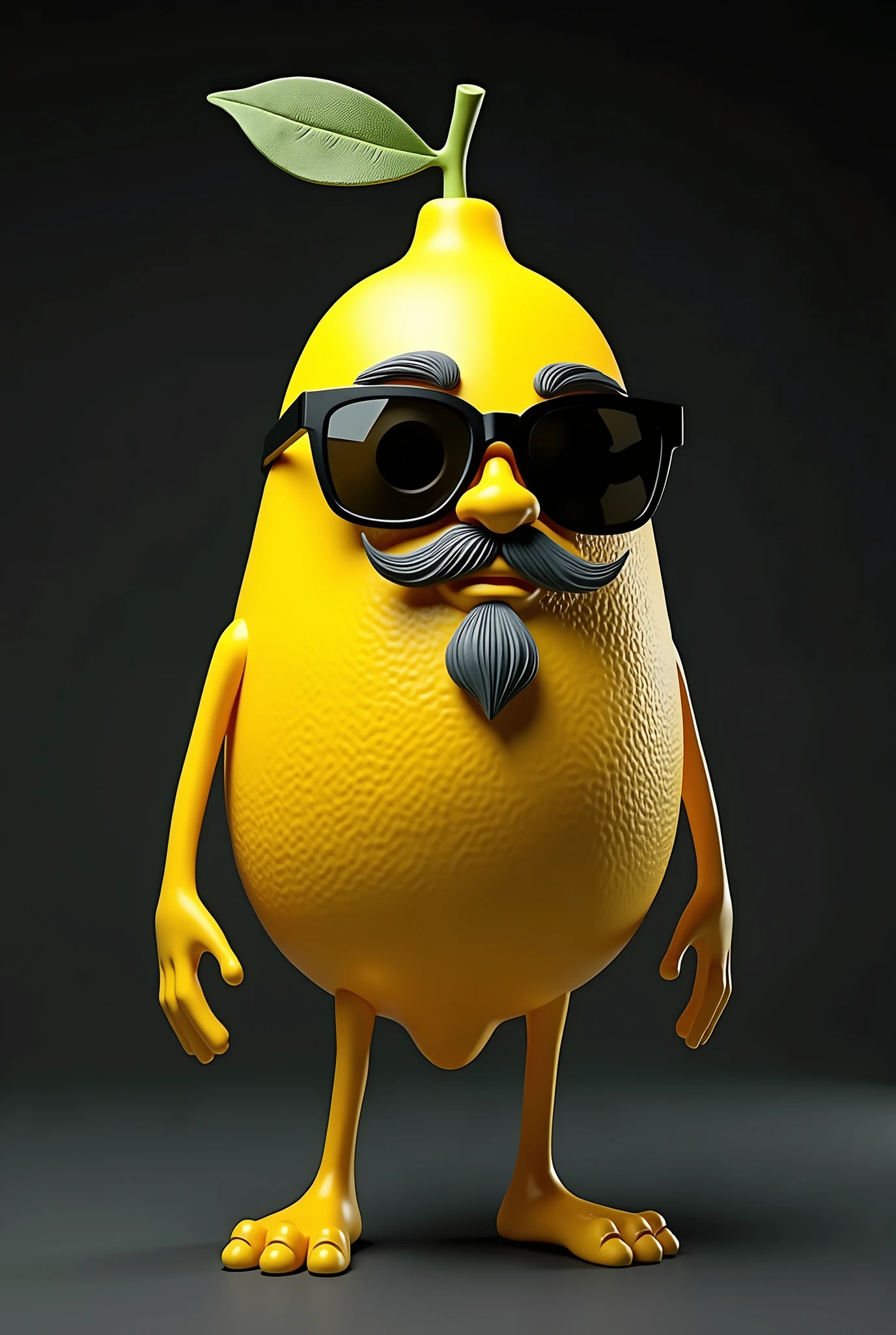 Create a lemon character with sunglasses and a goatee. The lemon should have a unique appearance, with a well-groomed gray goatee that complements his look. Add a pair of sunglasses that enhance your personality, perhaps with a sleek or modern frame. Black power hair naturally fitting the shape of the lemon, with a cut that conveys style and maturity. Keep the lemon&#39;s yellow color vibrant, but with details that show your character and personality. The background can be simple and dark, with a focus on the character to highlight its distinctive features.