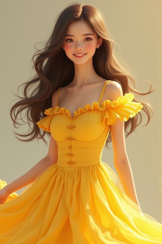 Cute 20 year old、Cute yellow dress with frills、