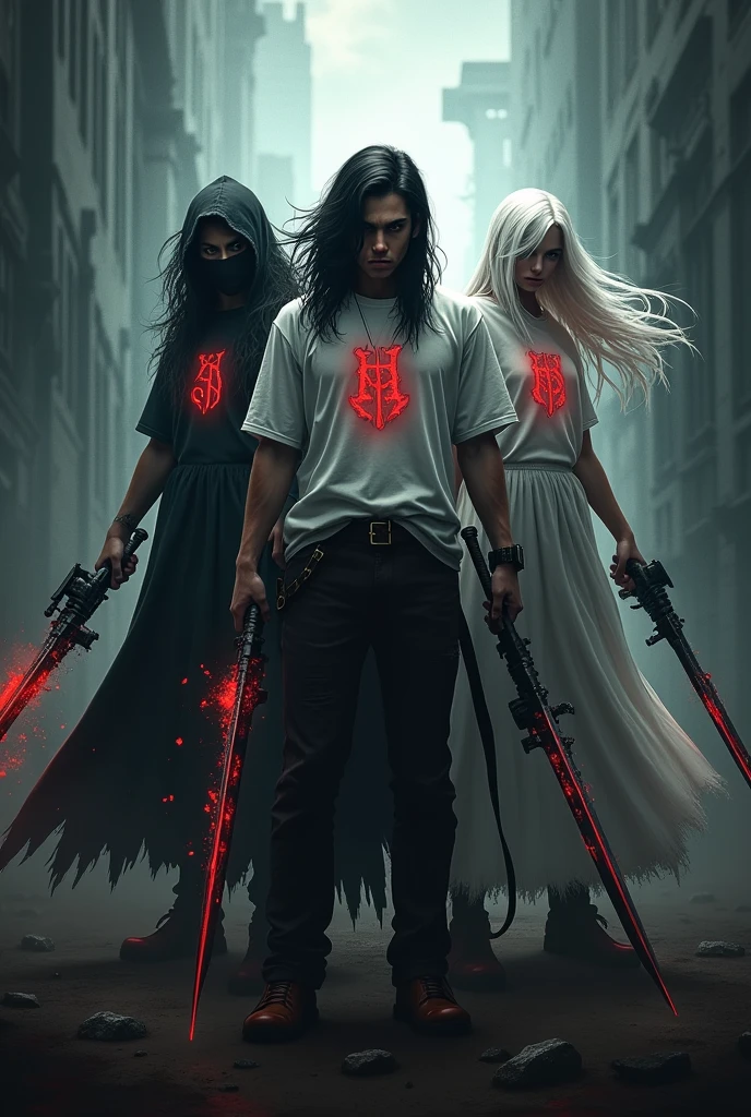 Gamer logo of three people with weapons and initials on their shirts (s)the other one (k) y the other one (D) that the background is horror that one is dark the other white and the other white with long hair