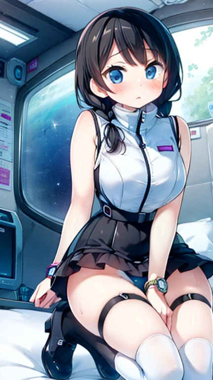 (Highest quality), (masterpiece), 1080P, High resolution, 4K, 8k, Inside the space station、Futuristic room、Thigh straps, Shooting from directly below, The woman on top of me, 白いSweat, Covered , Sweat, Woman looking down, Skirt swimsuit, Thigh-high socks, To achieve this, , , whole body, Black leather shoes, Braided hair, Inner Color, Embarrassed face, Short black hair, bracelet, Bedroom,celestial body_Vest
