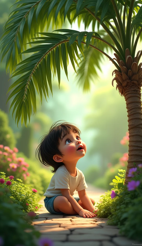 A picture of a  sitting under a small palm tree in a beautiful, green garden. A curious and surprised expression on the child's face.