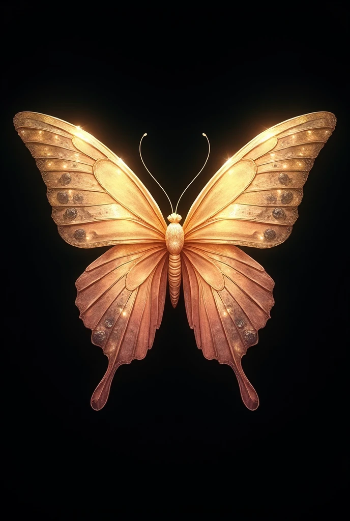 Completely black background with a butterfly in the middle of the screen, with colours in combination with pale pink and derivatives; and golden, mythical and crystal art style, that has hidden details in the structure of the drawing referring to a parrot,  a turtle and a musical note 