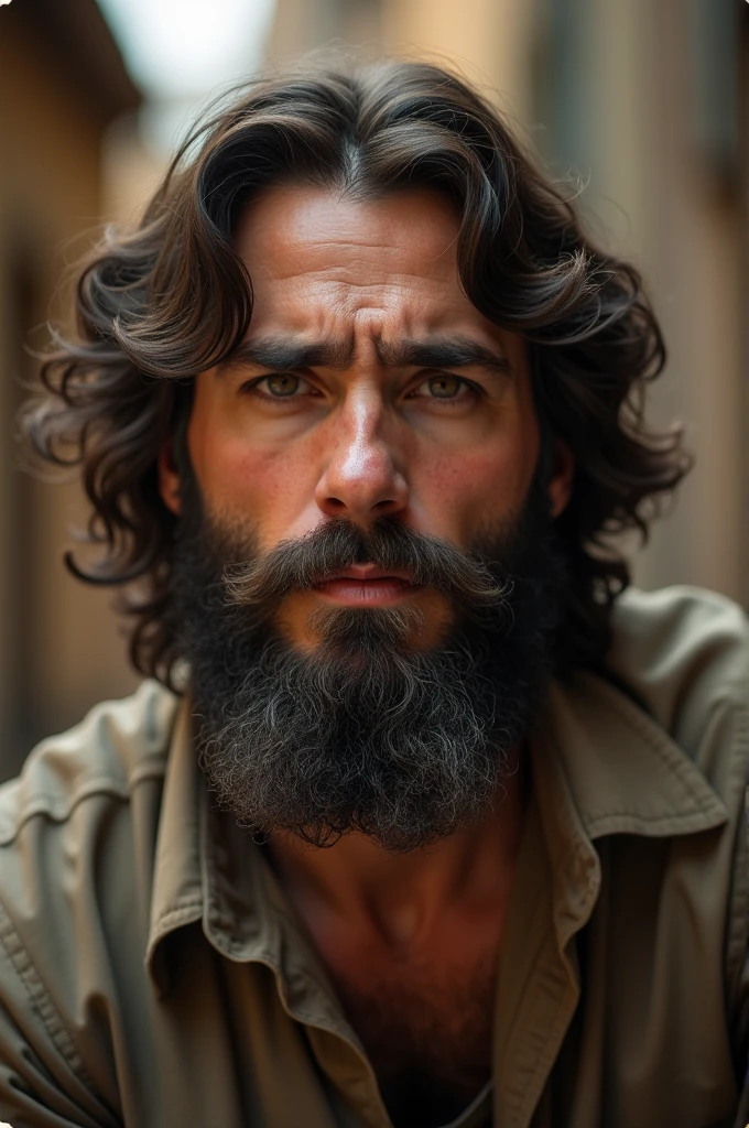 A 2 man with a beard in a moment of weakness connecting with God and Jesus