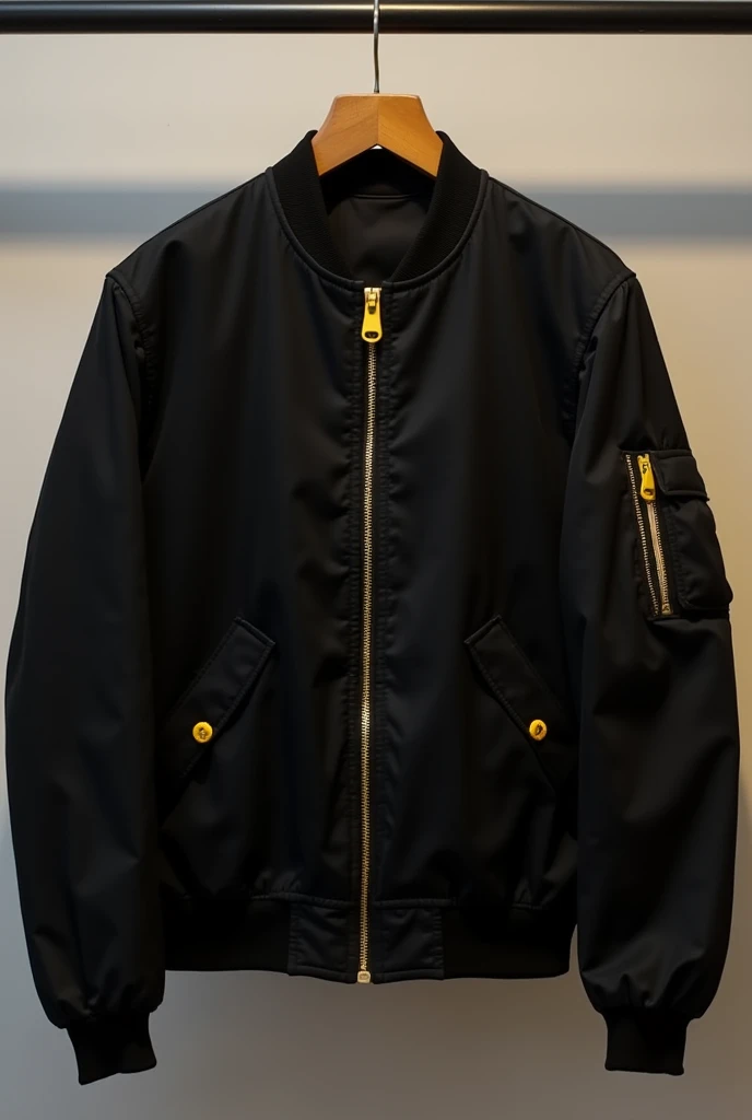 Black jacket in taslan fabric, classic bomber model, with yellow central closure, Yellow side pocket closures, The sleeves do not have any details, hanging on a coat rack, The waistband and cuffs are made of the same fabric