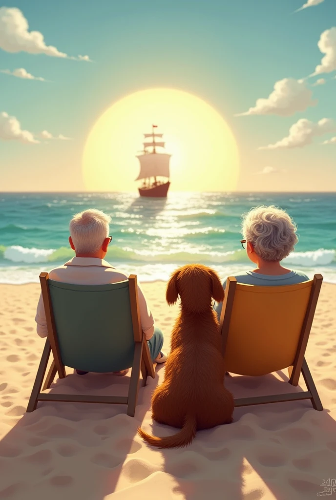 hairy dachshund dog and his owner a middle aged man and his chubby wife sitting on the beach chair both looking at the ship on the horizon