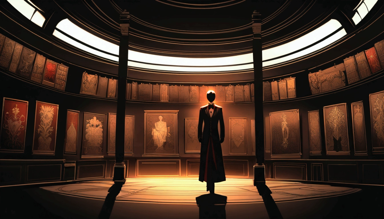 [Underground auction house], [masked elite bidders in formal wear], [opulent hidden room with artifacts on display], [anime neo-noir style like 'Death Note'], [dramatic spotlighting on key items], [rich reds and deep shadows]

