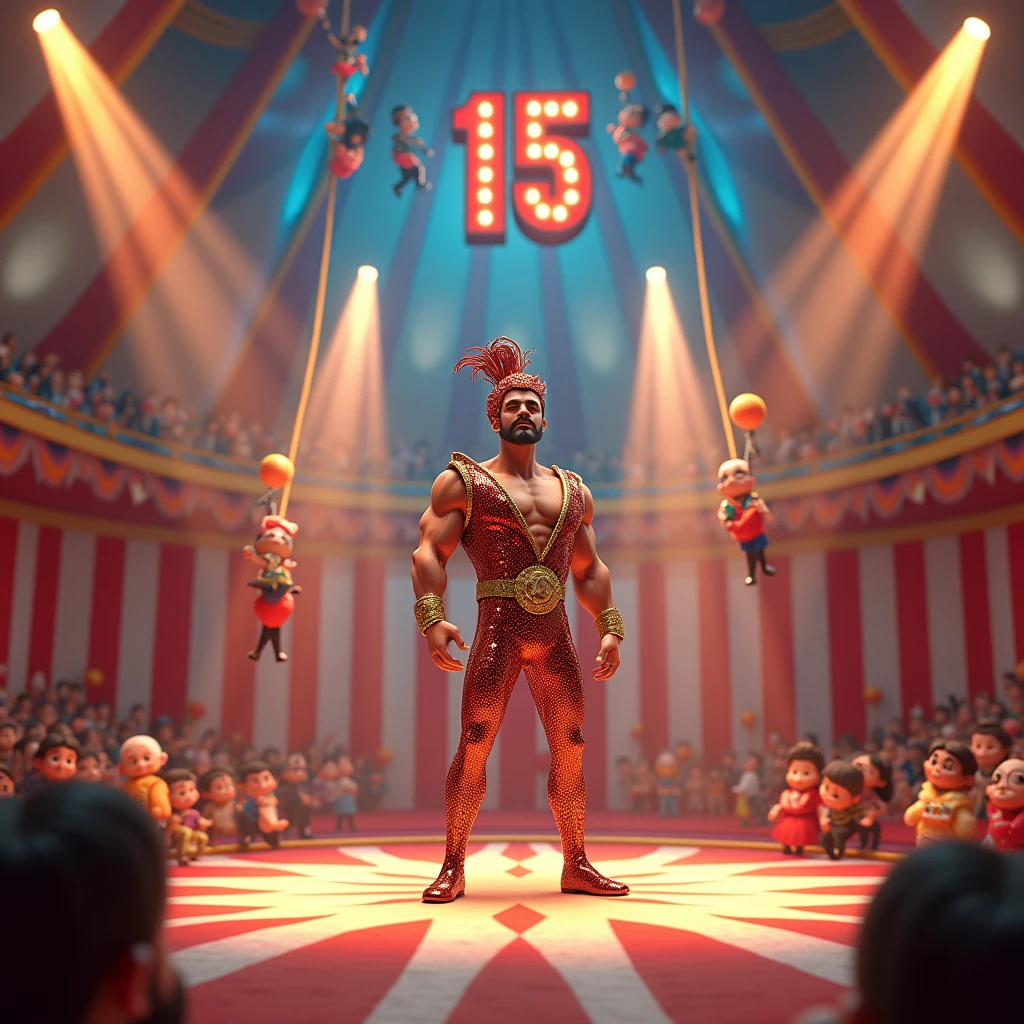 create a 3d circus image, write in capital letters CARLOS ARROSHO and 15