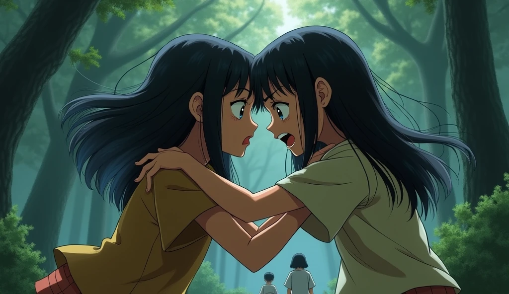 Create a dramatic scene showing a younger sister stealing a boyfriend from the older sister, depicted in the style of Princess Mononoke. Show the older sister’s devastation and the younger sister’s lack of remorse. The environment should convey a sense of betrayal and heartbreak, with the parents appearing indifferent in the background.