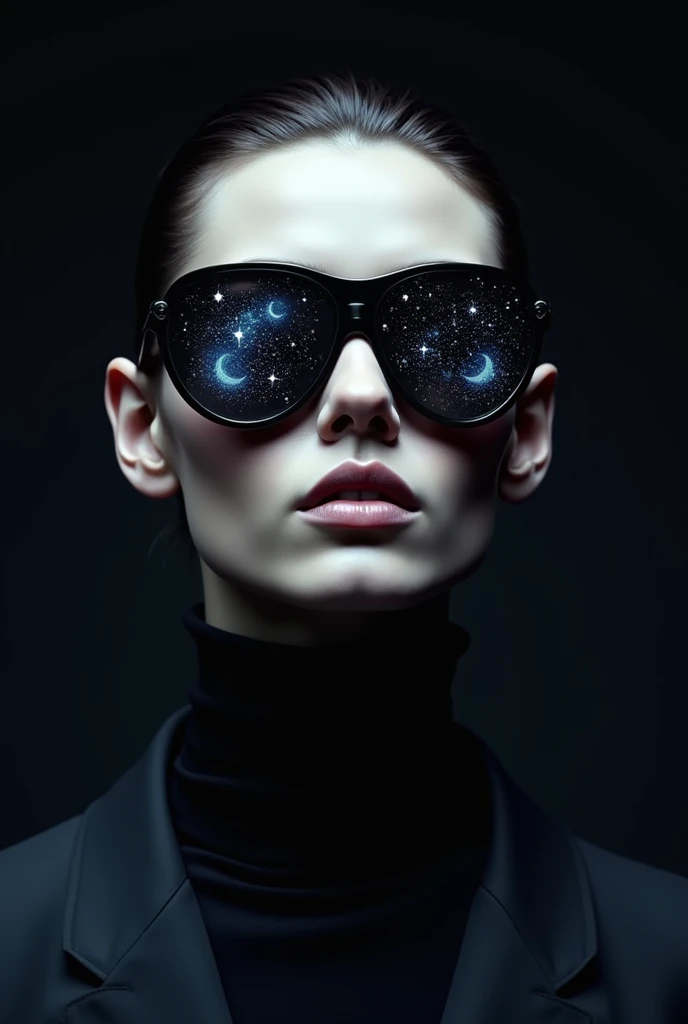 The model is wearing glass sunglasses with stars and the moon on the lingerir glass