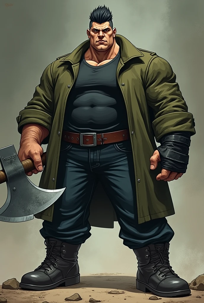 In the Human Comics style, create a character, Godri, a fat, wide, very strong and muscular boy, had a determined look and an imposing presence. with straight, black hair combed upwards. He wears a short moss green coat and a black shirt underneath, dark jeans with round, steel-toed boots, and a black leather glove. He holds in one hand a large steel axe with black ruffs and gold details.