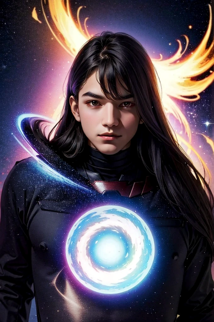 Superhero black hole in the universe, with ultra realistic costume, beautiful young man, complete body, beautiful scenery of the black hole in the background