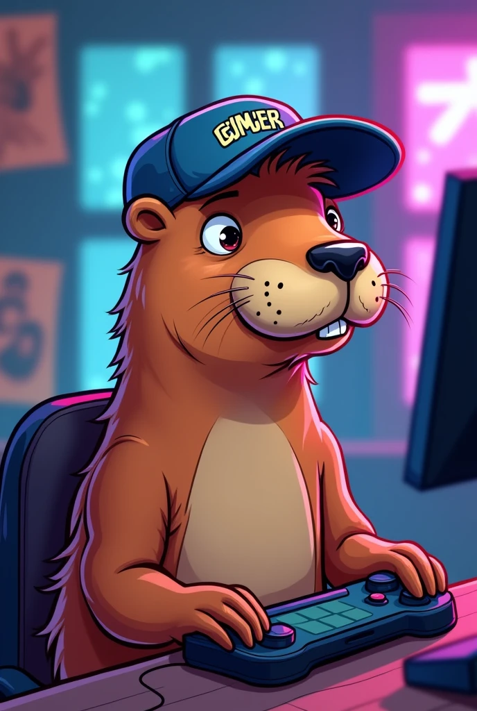 A gamer capybara , wearing a cap and a mustache. in cartoon drawing