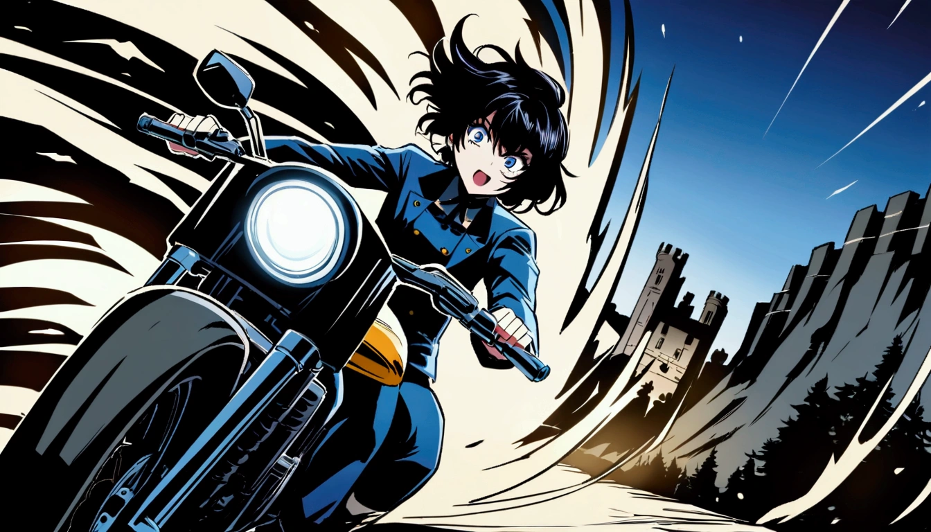 [Raven and Lena on motorcycle], [Raven with scarred face, Lena with new black hair], [winding mountain road with castle in distance], [anime neo-noir style like 'Death Note'], [streaking lights from speed], [cool blues and greys with bright headlight]
