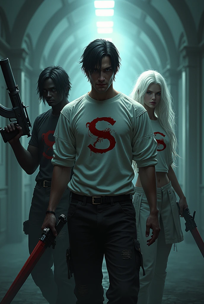 Gamer logo of three people with weapons and initials on their shirts (s)the other one (k) y the other one (D) that the background is horror that one is dark the other white and the other white with long hair