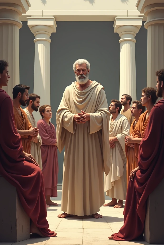 Create an image of Zeno of Citium surrounded by his disciples, that the image looks stoic, removing minimalism