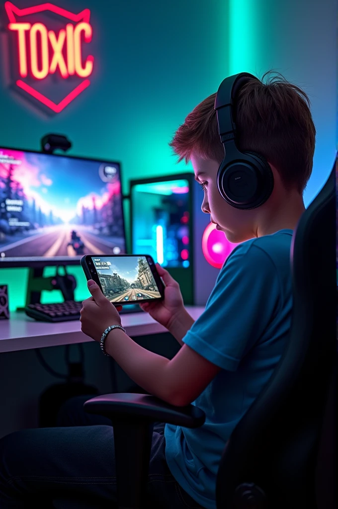 Make a wallpaper of a 1 boy playing Pubg game in his earphone connected smart phone , sitting on a gaming chair in front of his Gaming Computer and RGB CPU. Pubg pochinki are shown in his computer. There are a logo frame hanging on the wall in which "TOXIC" named gaming logo are present. Ensure that name should clearly visible and logo give gaming vibes.