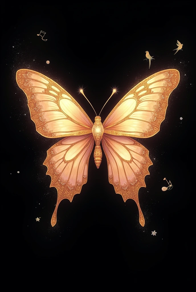 Completely black background with a butterfly in the middle of the screen, with colours in combination with pale pink and derivatives; and golden, mythical and crystal art style, that has hidden details in the structure of the drawing referring to a parrot,  a turtle and a musical note 