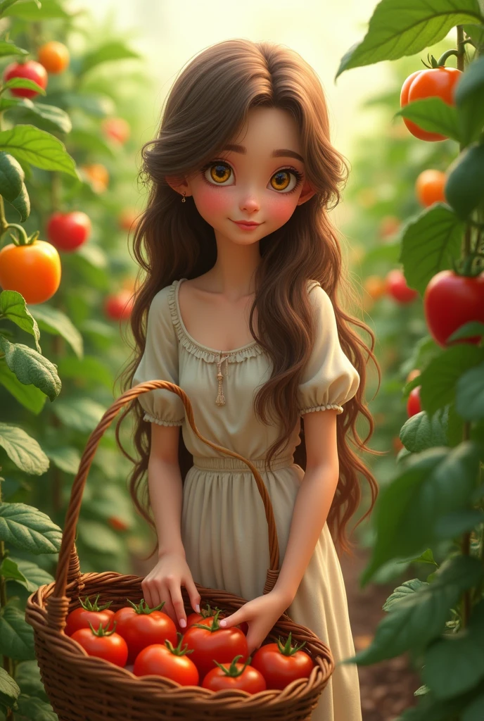The character stands amidst rows of lush vegetable plants, a wicker basket on their arm. They carefully pick ripe tomatoes, cucumbers, and bell peppers, placing them gently into the basket.The character has long, straight, messy, browns hair, bright yellow eyes, snow-white skin, a perfect and delicate face, she is very beautiful and is 2, make the image in the Pixar style Disney, in 9:16