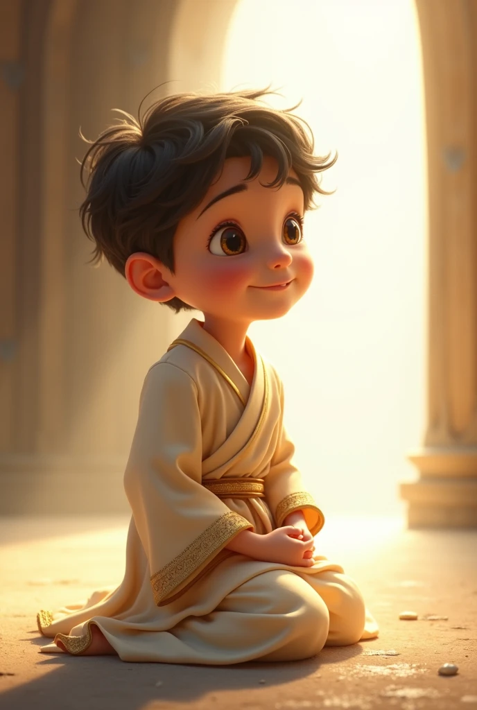 Boy in robes kneeling with a white light on the top right shining on his animated body in Pixar style