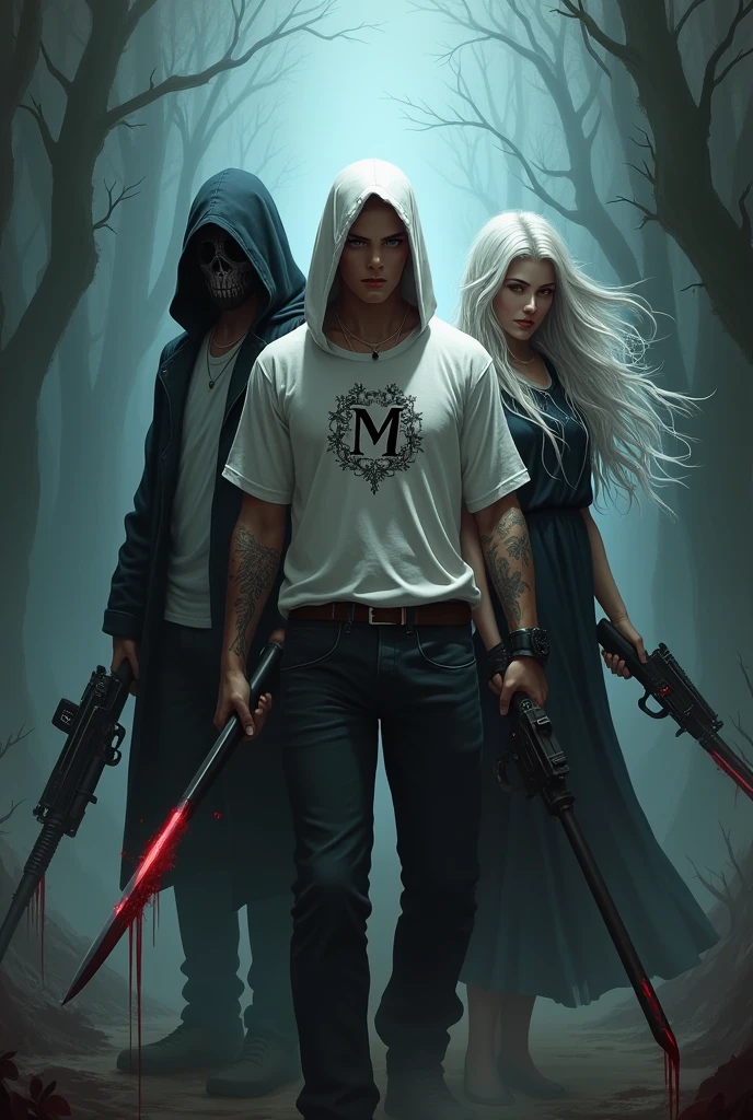 Gamer logo of three people with weapons and initials on their shirts (s)the other one (k) y the other one (D) that the background is horror that one is dark the other white and the other white with long hair