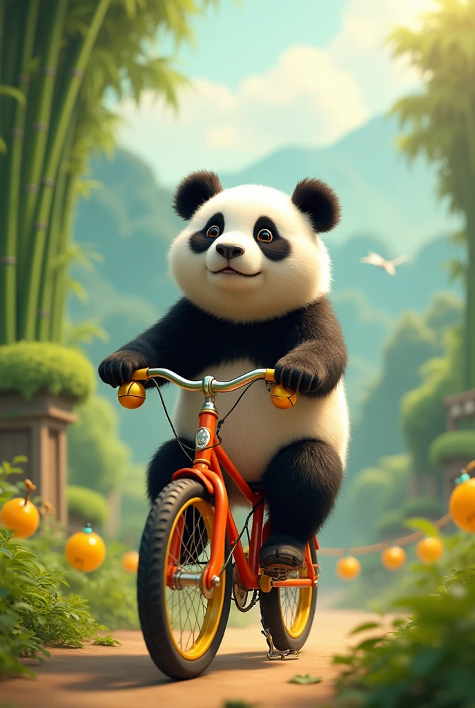 A panda ride a bike 

