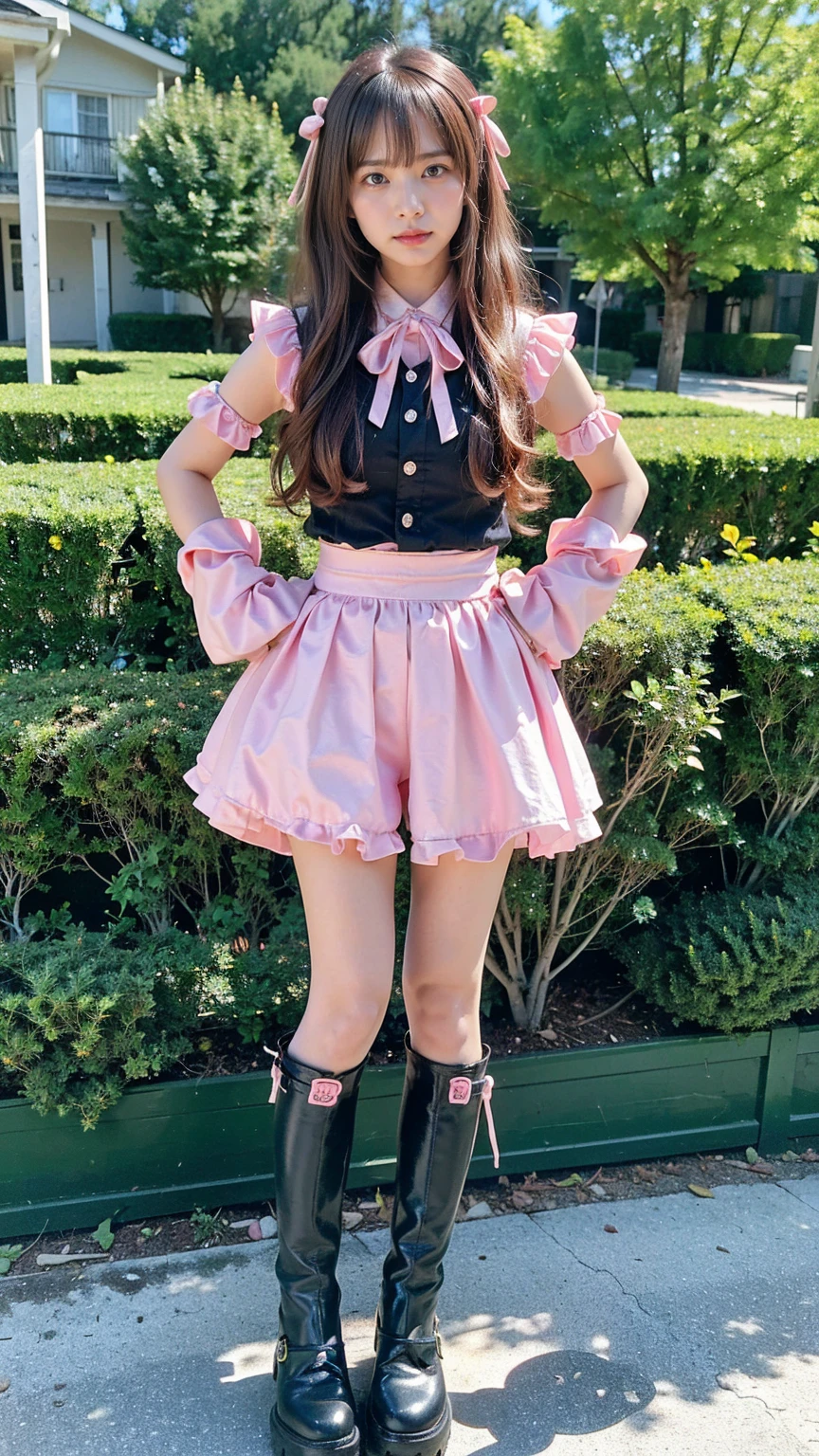 (8k、RAW Photos、Highest quality、masterpiece:1.2)、(Realistic、Realistic)、1 person、((Black and Pink、Sequins、garden、ribbon、Frills、mini skirt、Thin legs、whole body、boots、View from the front、Looking into the camera、Stand with hands on hips))、cute