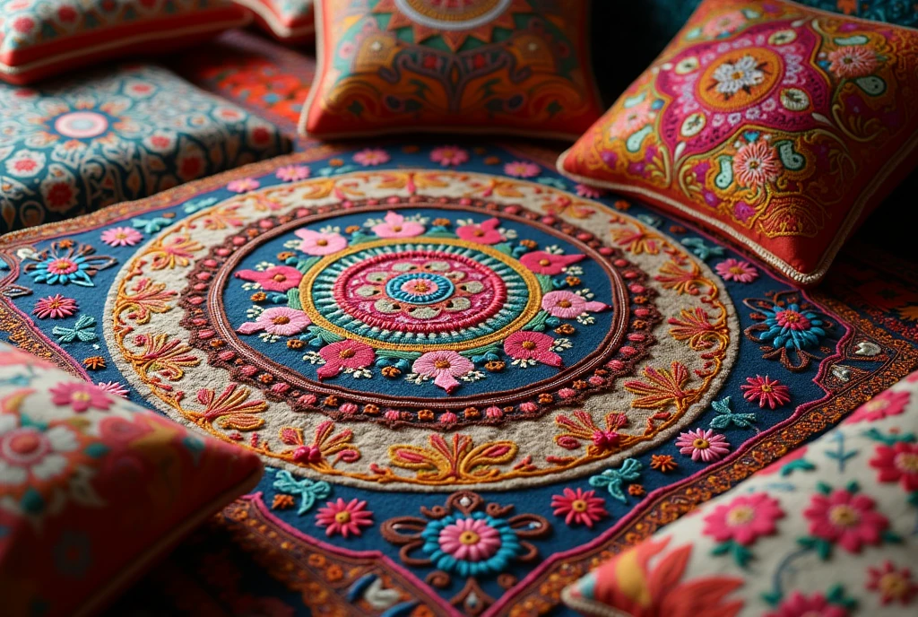 Craft an intricate embroidery tapestry in the style of Cânhamo. The design should be hyper-realistic, captured in 8K resolution with vivid colors and sharp focus. Highlight the delicate stitches, rich textures, and traditional motifs of Cânhamo art. Surround the central fabric piece with beautifully embroidered cushions and fabrics, all set against a vibrant background that enhances the artwork’s vivacity and complexity.