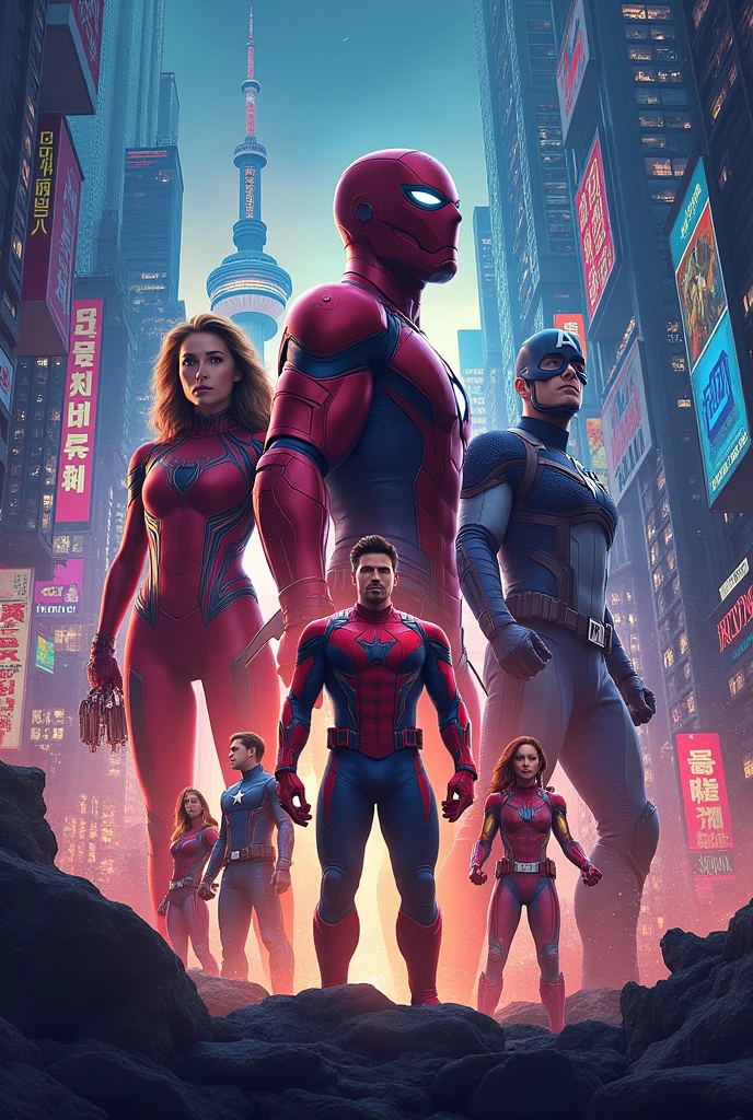 create an image of a marvel movie and MARVEL CHARACTERS in the form of a poster with the theme SEOUL capital of korea
