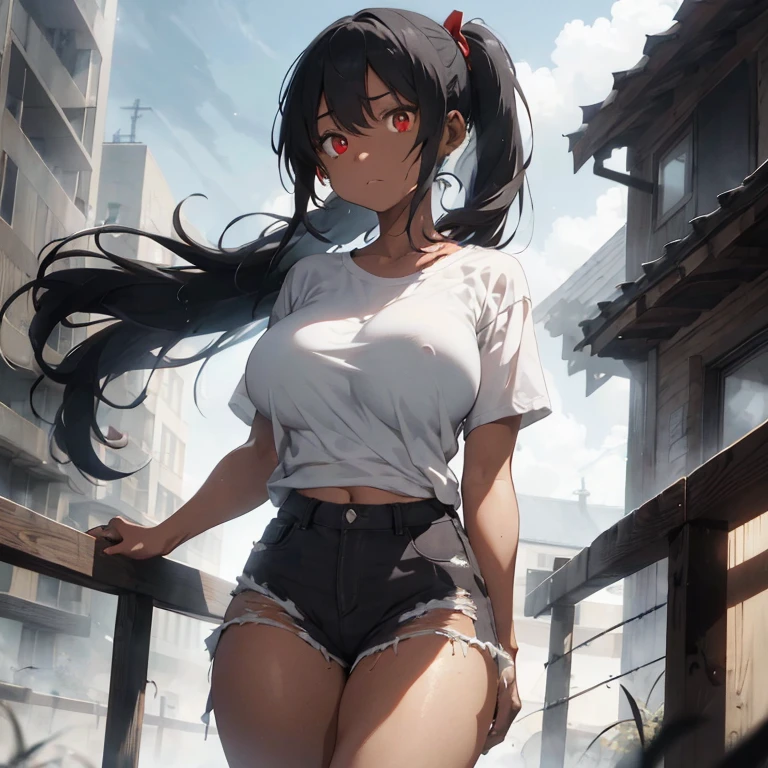 1 female, white pony tail hair, darker skin, red eyes, empty eyes, shock face, sad facial expression, sad face, huge breast, thick legs, white t-shirt, red ripped jeans, dark house, darker grey sky, thunderstorm