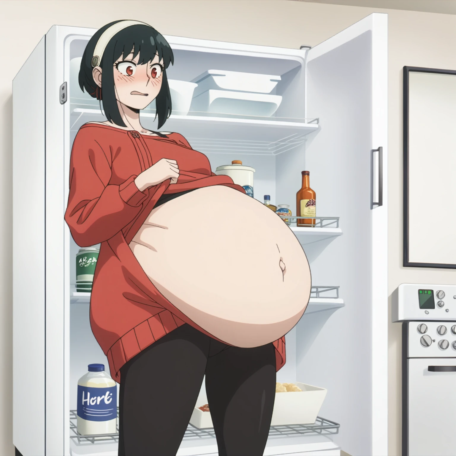 I look at the viewer, One, yorforger,1 girl, ((medium breast)), ((belly stuffed)), ((huge belly)), ((Very drunk)), ((staggers)), black hair, Red eyes, short hair with long strands, white hair band, from the shoulder, ((red sweater)), black tights, ((drank too much)), ((exhausted)), ((excited)), ((in front of the refrigerator)), ((Outdoor refrigerator)), ((lean on the fridge)),