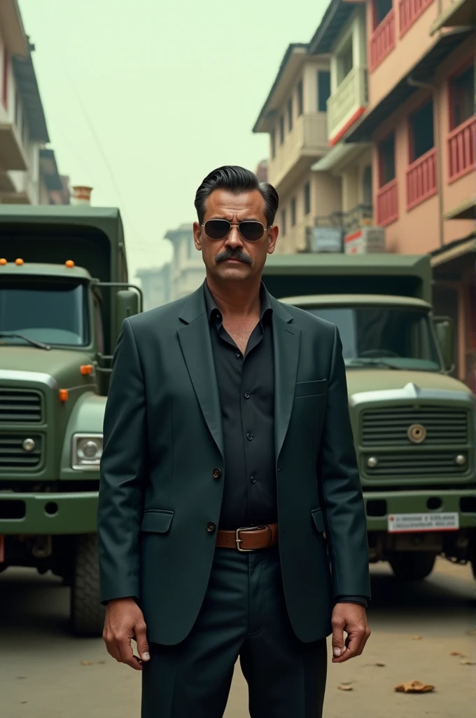Create an image of a man with slicked-back hair, a thin mustache, and dark sunglasses, standing confidently in front of a Bangladeshi tea shop. Behind him are two open trucks revealing crates of military-style equipment and tactical gear