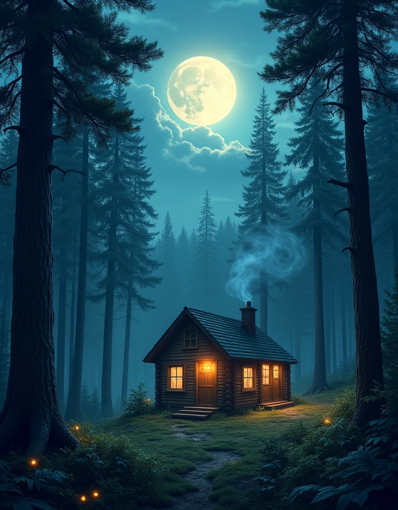 Write a medium prompt about a house in the forest illuminated by the moonlight.
