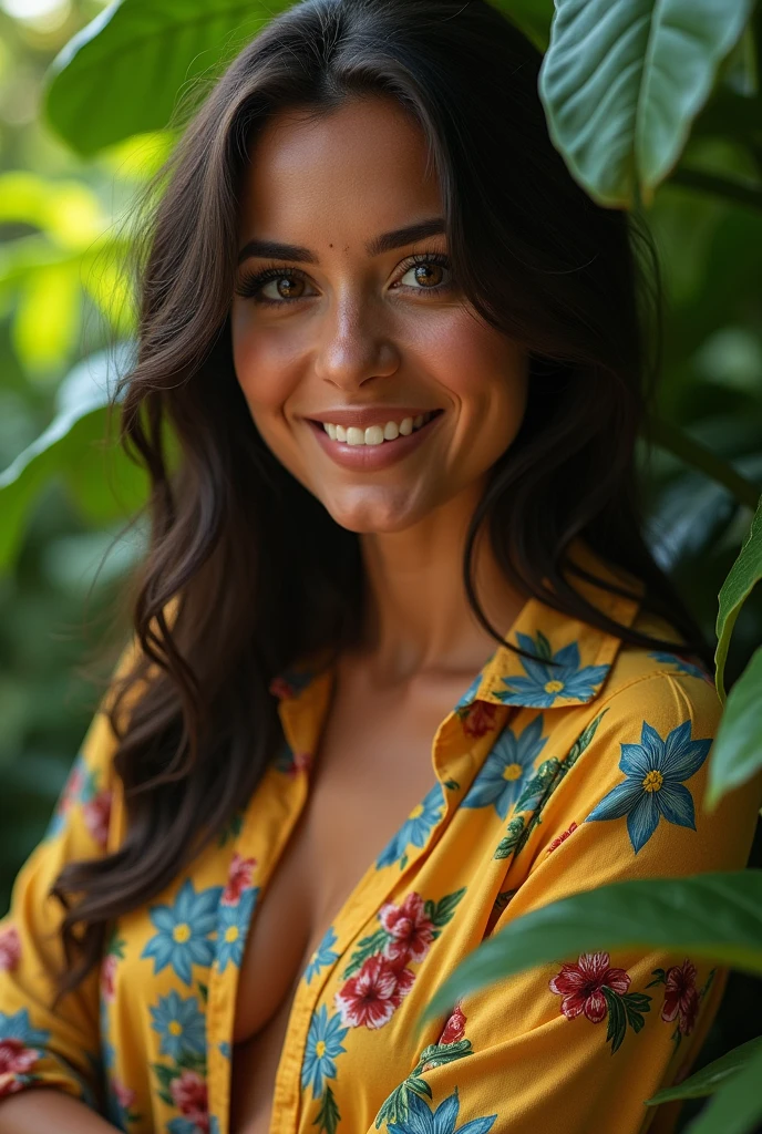 A Brazilian woman in a lush tropical garden, wearing an open shirt with a floral print, with a close-up capturing the harmonious beauty between her breasts and the natural flowers, showing off your natural charm and outgoing personality.