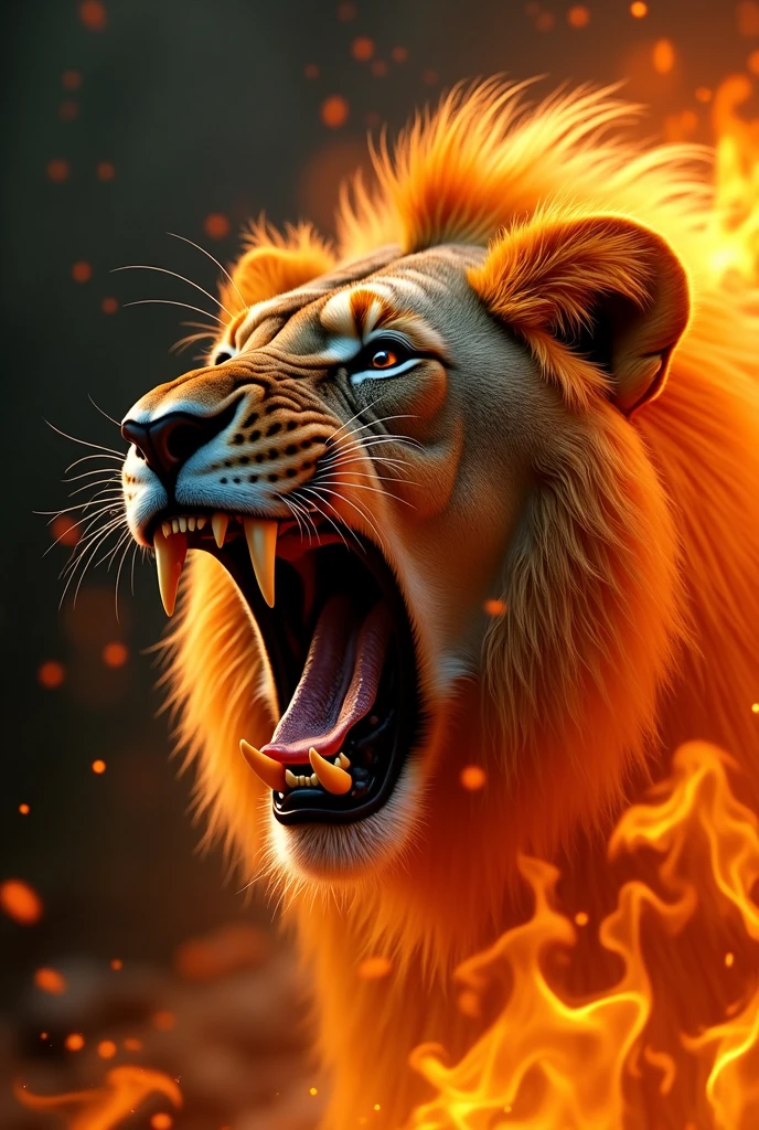 Create an image of a lion's face roaring ferociously, with HD flame effects