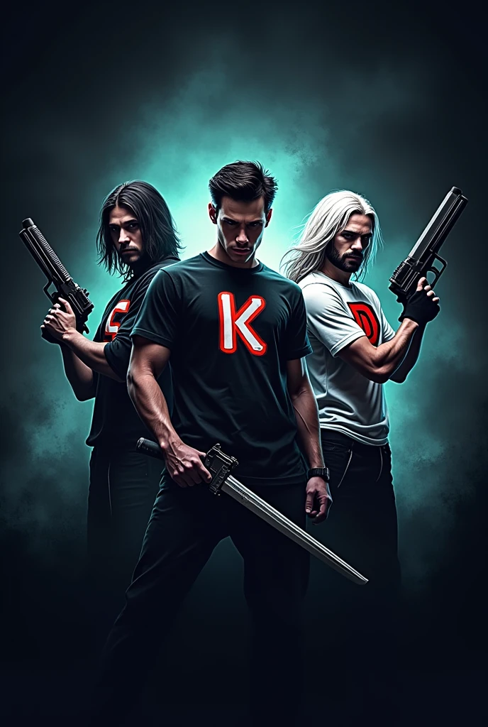 Gamer logo of three people with weapons and initials on their shirts (s)the other one (k) y the other one (D)  that the background is horror that one is dark the other white and the other white with long hair that they are men 
