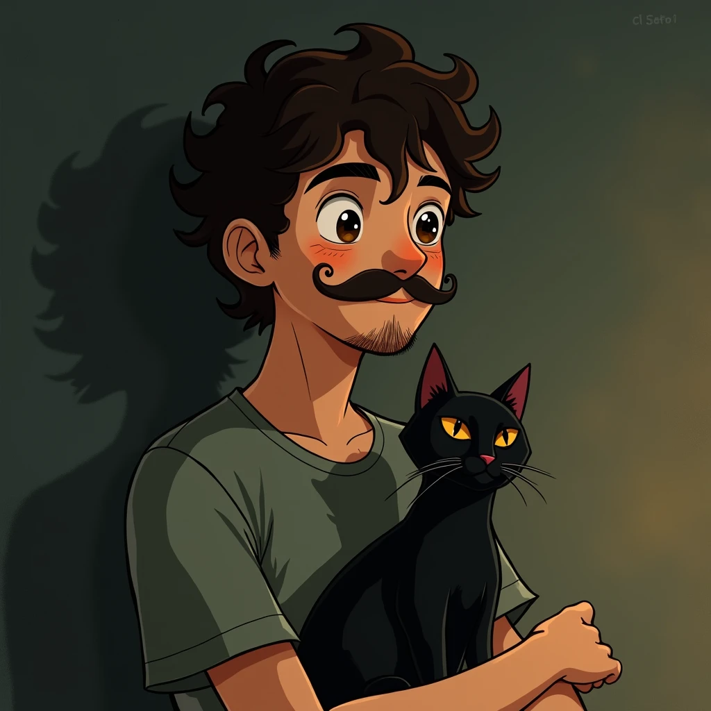 I would like a Ghibli style profile icon of a young man with a Handlebar mustache, beard only under his mouth and on the tip of his chin, brown eyes and curly hair and he is holding a black cat, the background is something a little darker