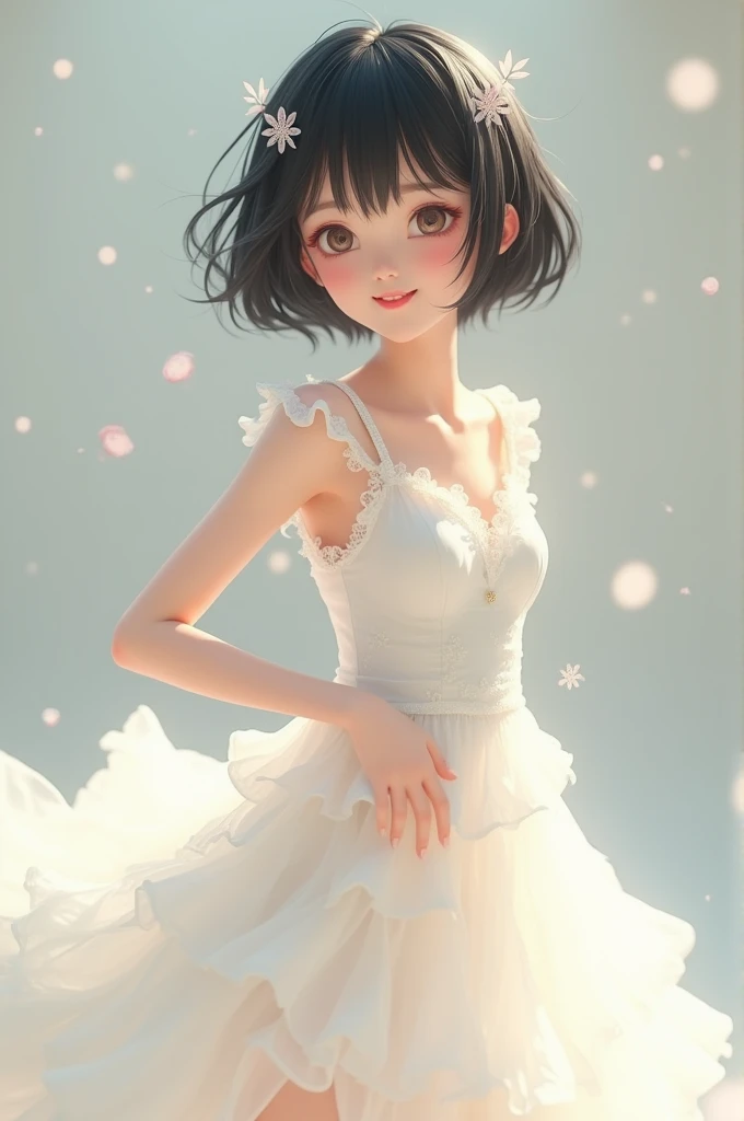 1 Japanese female、Idol、Shortcuts、White ruffled dress、Smile、Black Hair、