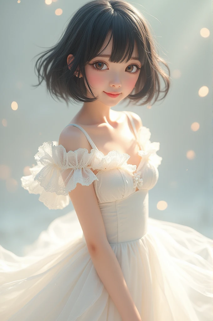 1 Japanese female、Idol、Shortcuts、White ruffled dress、Smile、Black Hair、