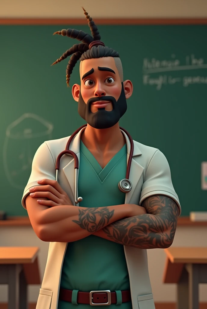 Animated image of a veterinarian, man, Chilean, dark-skinned, using braids, with a degraded haircut, using short beard, with tattoos on their arms, in a classroom with a blackboard in the background