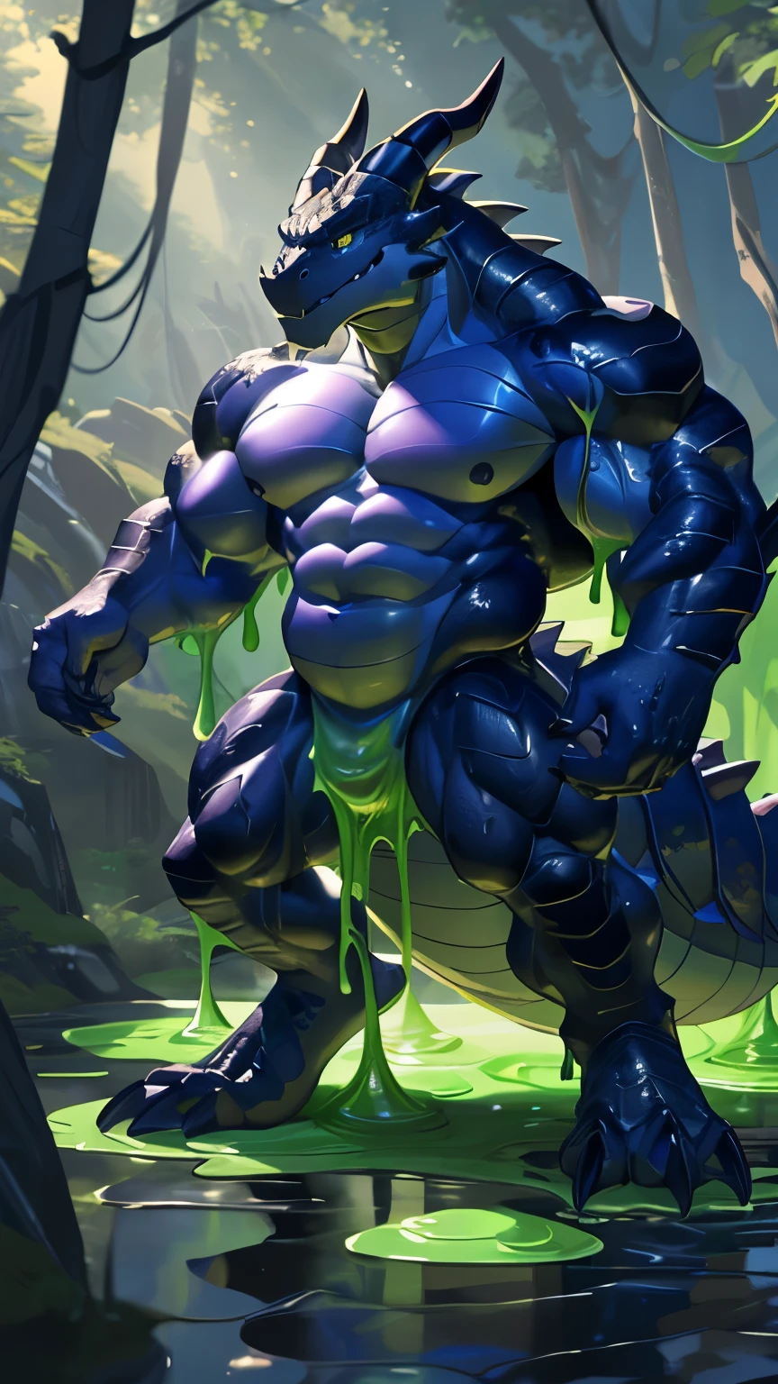 solo, anrhro, naked,((goo)),goo creature, slime, male,lizardman,((reptile)), (dragon), ((abdomen)),((abdomen muscle)), dark-black body, purple goo body, slime body, ((beautiful eyes)) , golden eyes, perfect eyes, ((big eyes)), (best quality),(4k),(ultra-detailed), staying, fat abs, (huge tail),(masterpiece), teeth, (huge feet),(fat feet), huge legs, (tail), (big muscles), (muscular:1.8), handsome, (toe claws), (big claws), Game cg, (8k), realistic, (fat:0.5), strong, (huge head:1.5), bright scene, outdoor,goo swamp,((rasing head)), (claw hands), (big mouth), white claws, slime muscle, (((absorption))), absorb slime